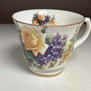 Vintage Floral Porcelain Teacup with Yellow and‎ Purple Flowers
